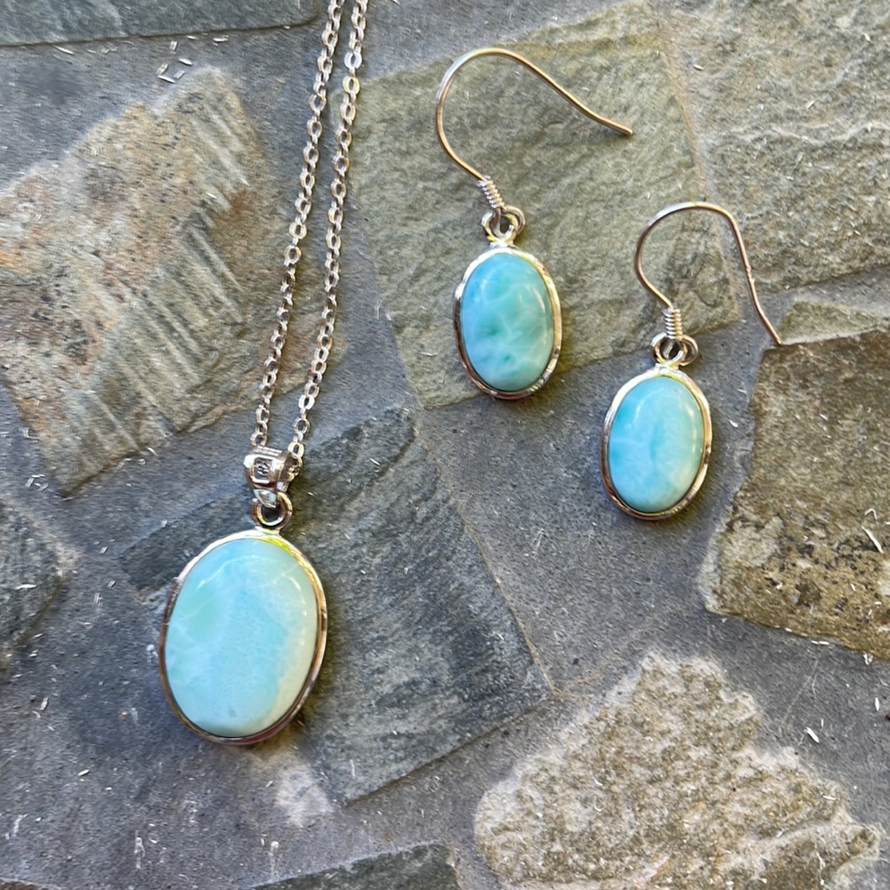 Larimar Sterling Silver Chain/Pendant ER Set - Picture 6 of 14
